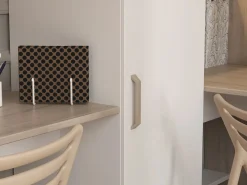 Vente-unique Cama Alta|Litera en forma de L 2 x 90 x 200 cm con almacenamiento y escritorios blanco y natural - LASCANO