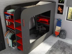 Litera gamer 90 x 200 cm con escritorio LEDs Antracita y rojo con colchón WARRIOR^Vente-unique Sale