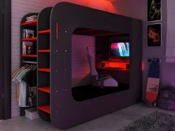 Litera gamer 90 x 200 cm escritorio y compartimentos LEDs Antracita y rojo WARRIOR^Vente-unique Sale