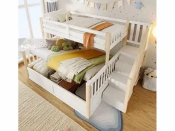 Merax Cama Litera|Litera infantil - 90 x 200 cm + 140 x 200 cm - con almacenaje hidráulico y escalera de almacenaje - madera - blanco + natural
