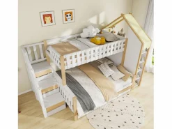 Merax Litera infantil - 90 x 200 cm + 140 x 200 cm - con escalera de almacenaje + 2 cajones - madera - blanco + natural Multicolor Outlet
