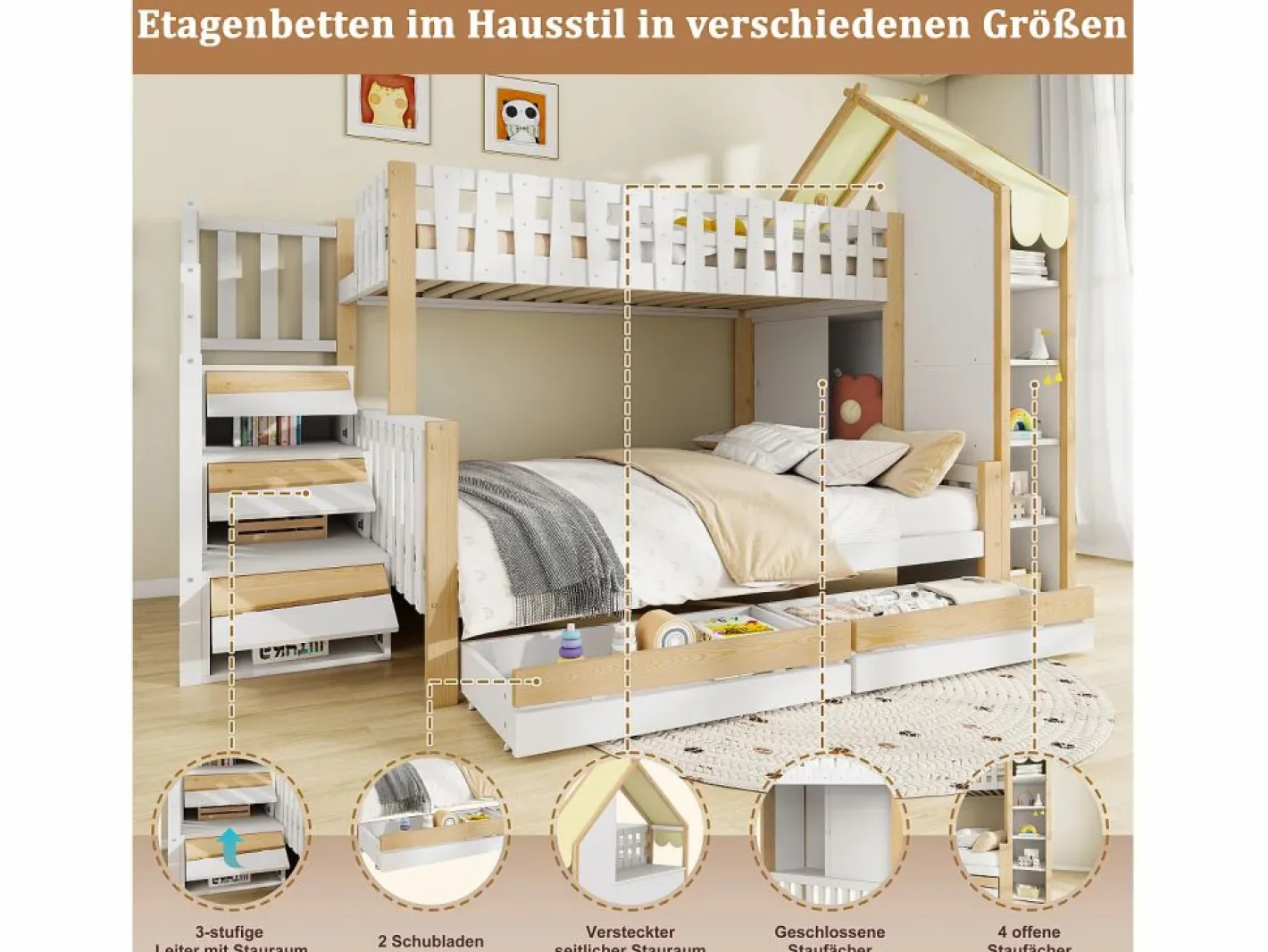 Merax Litera infantil - 90 x 200 cm + 140 x 200 cm - con escalera de almacenaje + 2 cajones - madera - blanco + natural Multicolor Outlet