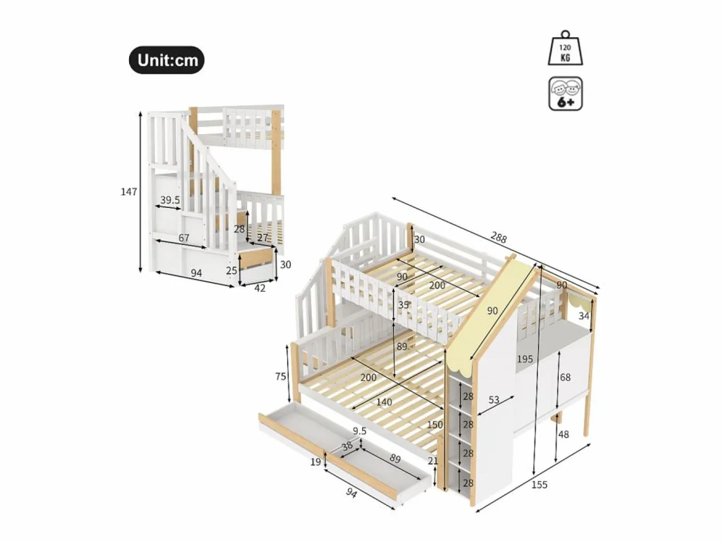Merax Litera infantil - 90 x 200 cm + 140 x 200 cm - con escalera de almacenaje + 2 cajones - madera - blanco + natural Multicolor Outlet