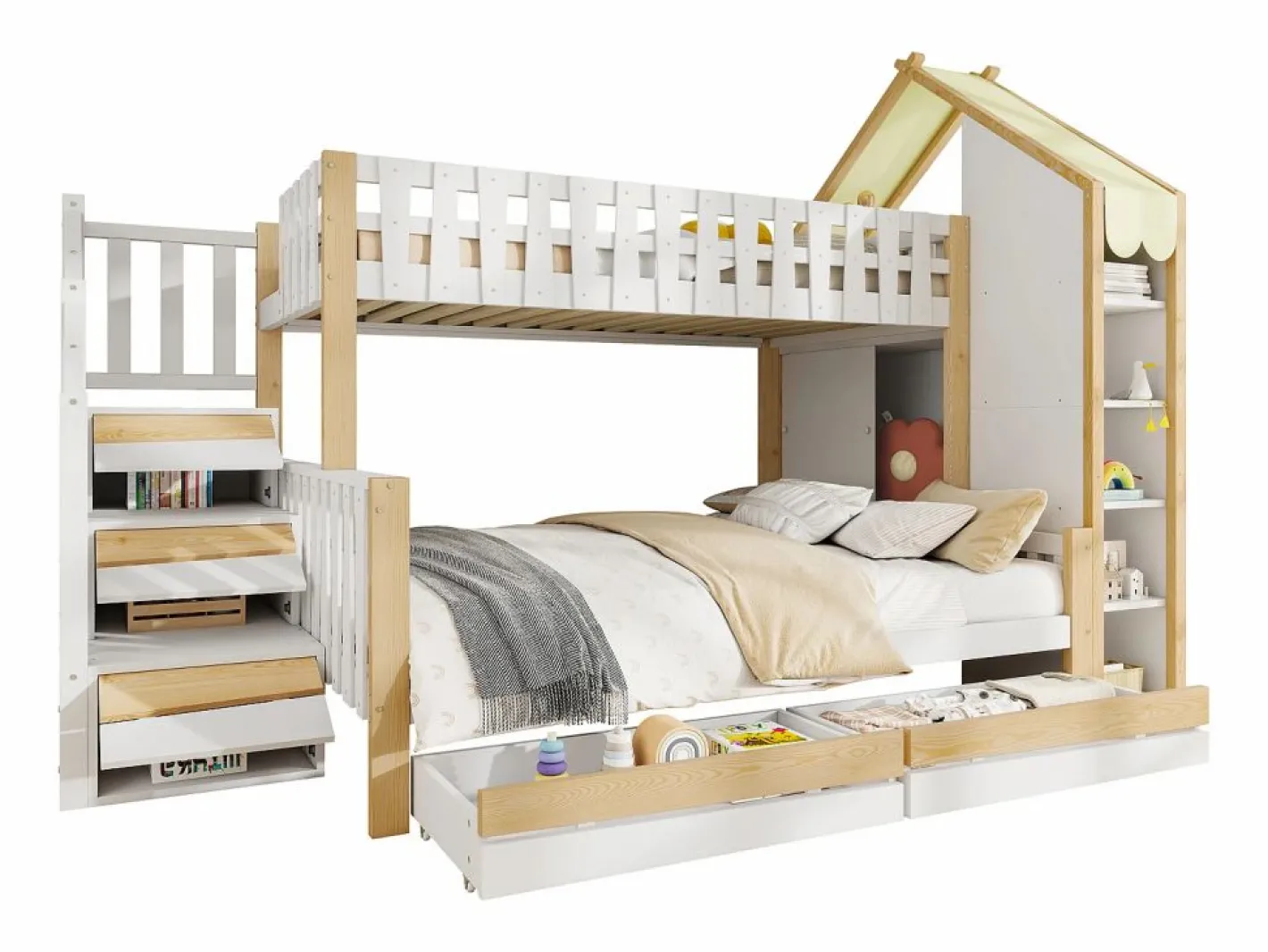 Merax Litera infantil - 90 x 200 cm + 140 x 200 cm - con escalera de almacenaje + 2 cajones - madera - blanco + natural Multicolor Outlet