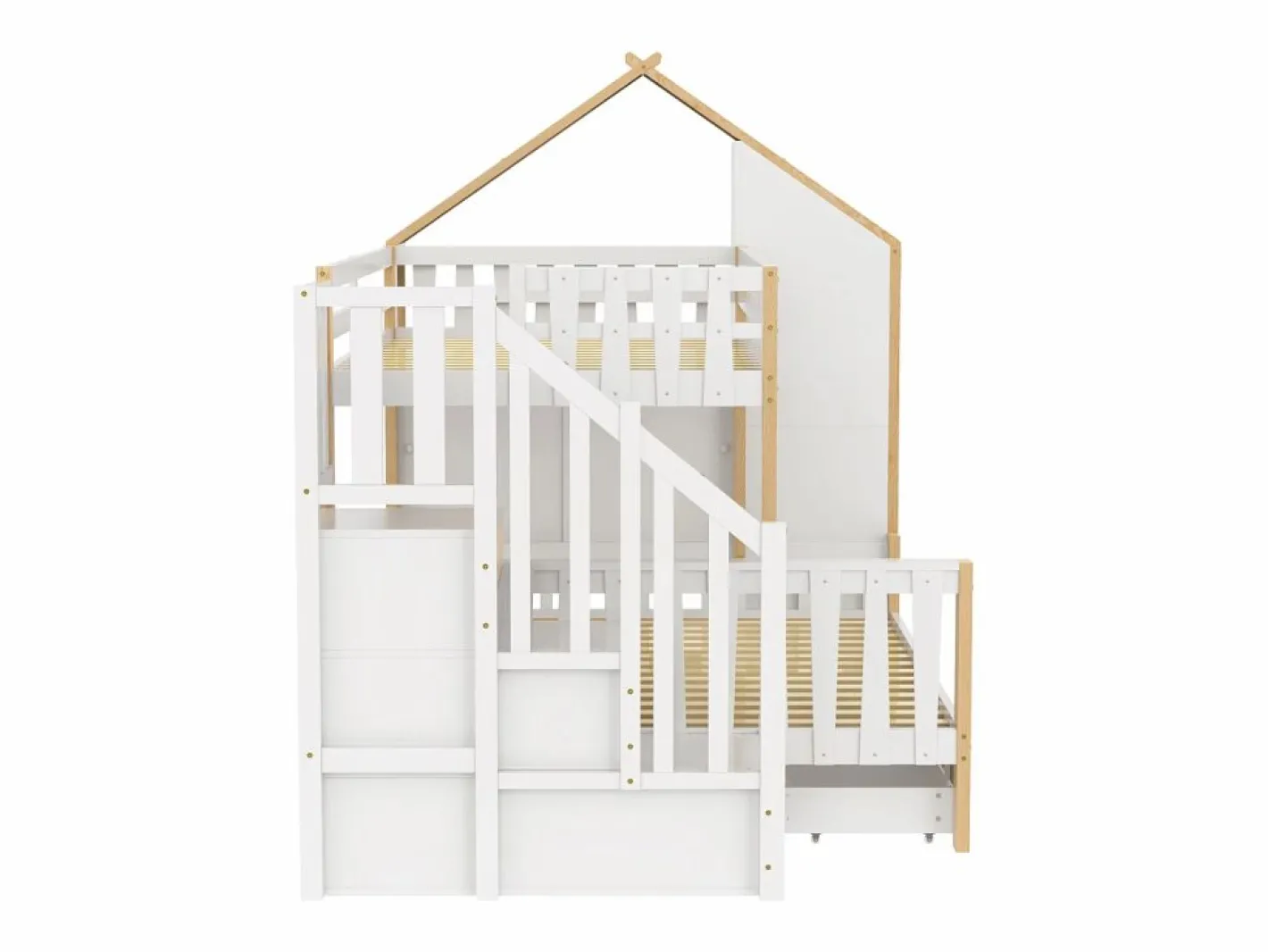 Merax Litera infantil - 90 x 200 cm + 140 x 200 cm - con escalera de almacenaje + 2 cajones - madera - blanco + natural Multicolor Outlet