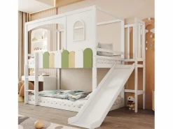 Litera infantil - 2 x 90 x 200 cm - forma de casa - con ventanas + tobogán + escalera - madera -^Merax Discount