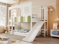 Litera infantil - 2 x 90 x 200 cm - forma de casa - con ventanas + tobogán + escalera - madera -^Merax Discount