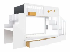 Merax Cama Litera|Cama Con Almacenaje|Litera infantil - 2 x 90 x 200 cm - con cajones + escalera de almacenaje + escritorio - pino macizo -