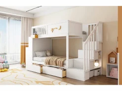 Merax Cama Litera|Cama Con Almacenaje|Litera infantil - 2 x 90 x 200 cm - con cajones + escalera de almacenaje + escritorio - pino macizo -