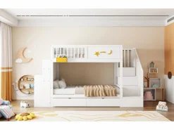 Merax Cama Litera|Cama Con Almacenaje|Litera infantil - 2 x 90 x 200 cm - con cajones + escalera de almacenaje + escritorio - pino macizo -
