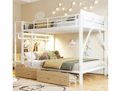 Merax Cama Litera|Litera infantil - 2 x 140 x 200 cm - estructura de hierro - con 2 cajones + estantes + LED - metal -