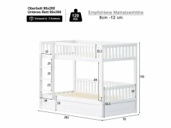 Merax Cama Litera|Litera infantil - 2 x 90 x 200 cm - con almacenaje hidráulico - Resistente y duradera - Pino + Contrachapado + MDF -
