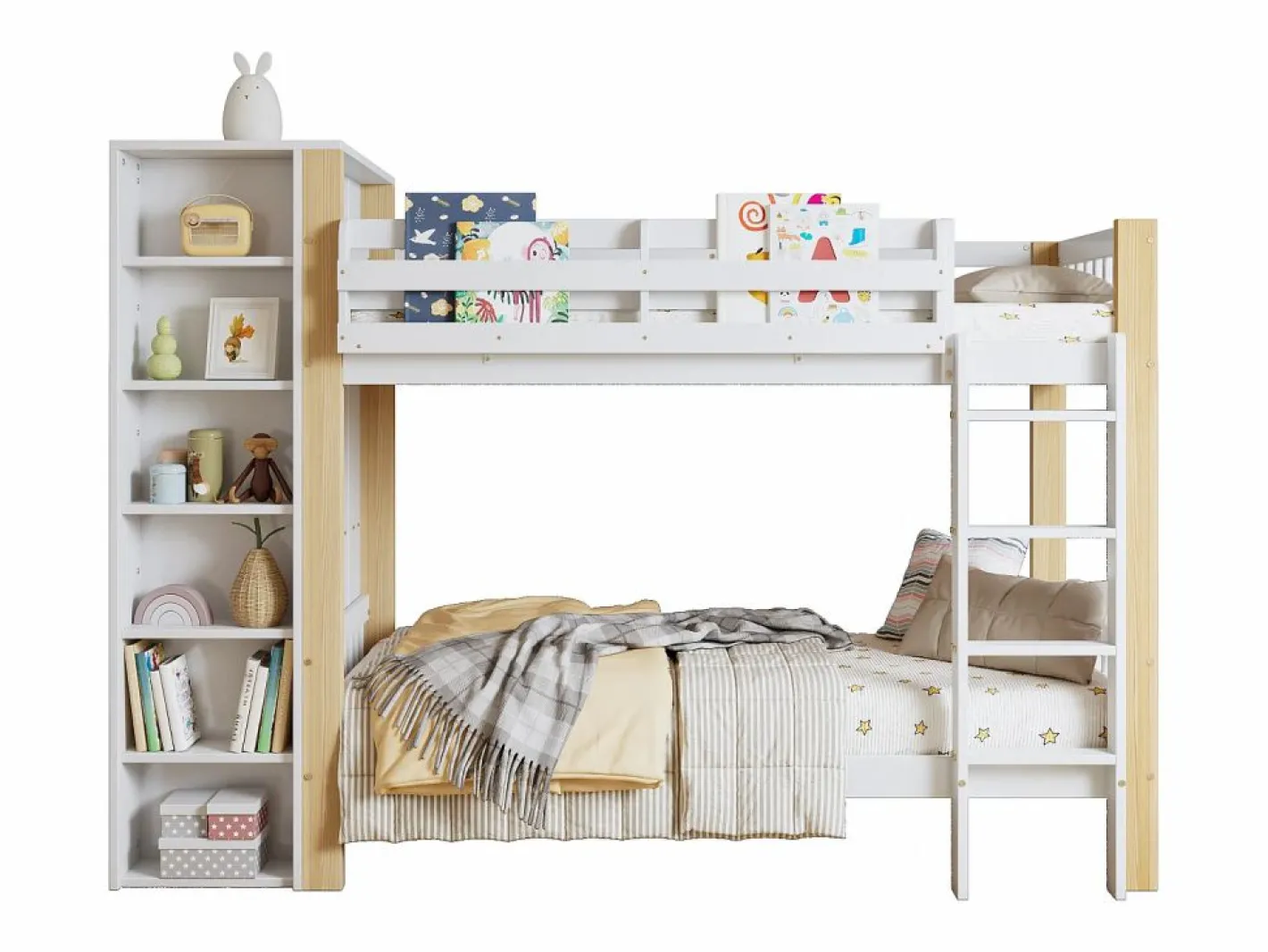 Cama Litera|Litera infantil, protección, barandilla, escalera 4 peldaños, 6 estantes, armario lateral, almacenaje, pino+PB, +natural, 90x200cm