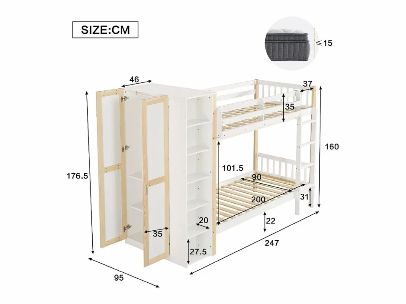 Cama Litera|Litera infantil, protección, barandilla, escalera 4 peldaños, 6 estantes, armario lateral, almacenaje, pino+PB, +natural, 90x200cm