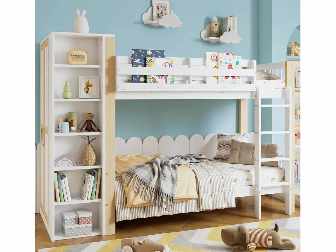 Cama Litera|Litera infantil, protección, barandilla, escalera 4 peldaños, 6 estantes, armario lateral, almacenaje, pino+PB, +natural, 90x200cm