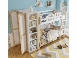 Cama Litera|Litera infantil, protección, barandilla, escalera 4 peldaños, 6 estantes, armario lateral, almacenaje, pino+PB, +natural, 90x200cm