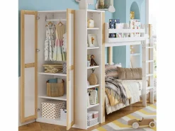 Cama Litera|Litera infantil, protección, barandilla, escalera 4 peldaños, 6 estantes, armario lateral, almacenaje, pino+PB, +natural, 90x200cm