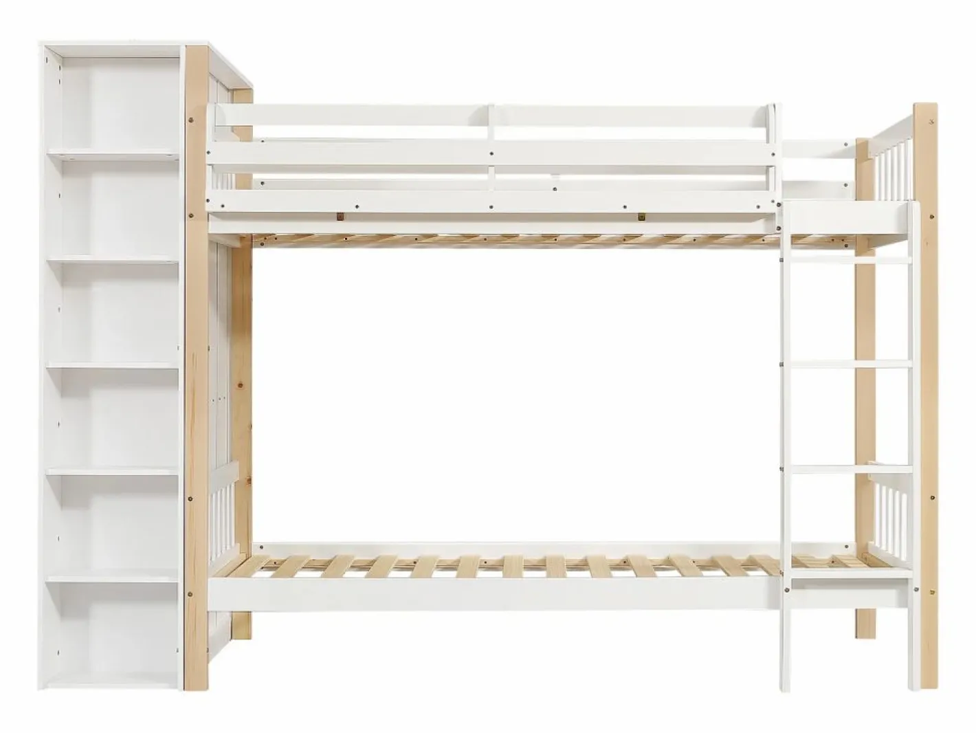 Cama Litera|Litera infantil, protección, barandilla, escalera 4 peldaños, 6 estantes, armario lateral, almacenaje, pino+PB, +natural, 90x200cm