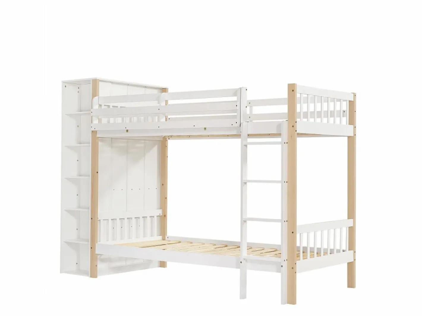 Cama Litera|Litera infantil, protección, barandilla, escalera 4 peldaños, 6 estantes, armario lateral, almacenaje, pino+PB, +natural, 90x200cm