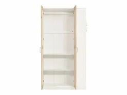 Cama Litera|Litera infantil, protección, barandilla, escalera 4 peldaños, 6 estantes, armario lateral, almacenaje, pino+PB, +natural, 90x200cm