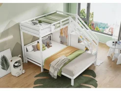 ModernLuxe Cama Litera|Litera infantil 90x200 cm + 140x200 cm - con armario y escalera almacenaje - en madera maciza y MDF -
