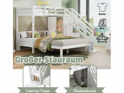 ModernLuxe Cama Litera|Litera infantil 90x200 cm + 140x200 cm - con armario y escalera almacenaje - en madera maciza y MDF -