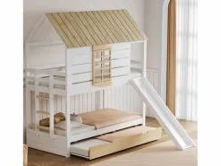 Litera infantil 90x200cm - con tobogán y cama nido - blanco + natural (sin colchón)^ModernLuxe Hot