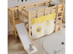 Hauss Spole Litera infantil 90x200cm con escalera, cortinas y tobogán - Madera de pino y MDF - Color natural Color natural claro Outlet