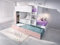 Vente-unique Cama Nido|Cama Litera|Litera nido y armario 3 x 90 x 190 cm blanco natural y rosa con colchón ANTHONY
