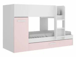 Vente-unique Cama Nido|Cama Litera|Litera nido y armario 3 x 90 x 190 cm blanco natural y rosa con colchón ANTHONY