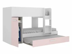 Vente-unique Cama Nido|Cama Litera|Litera nido y armario 3 x 90 x 190 cm blanco natural y rosa con colchón ANTHONY