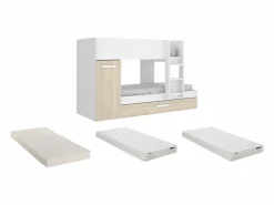 Vente-unique Litera nido y armario 3 x 90 x 190 cm blanco y natural con colchón. ANTHONY Color natural claro / Blanco