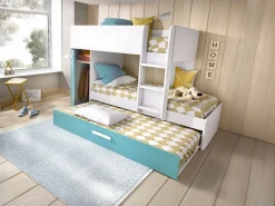 Vente-unique Litera nido y armario 3 x 90 x 190 cm blanco natural y azul con colchón ANTHONY Azul turquesa / Blanco Hot