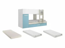 Vente-unique Litera nido y armario 3 x 90 x 190 cm blanco natural y azul con colchón ANTHONY Azul turquesa / Blanco Hot