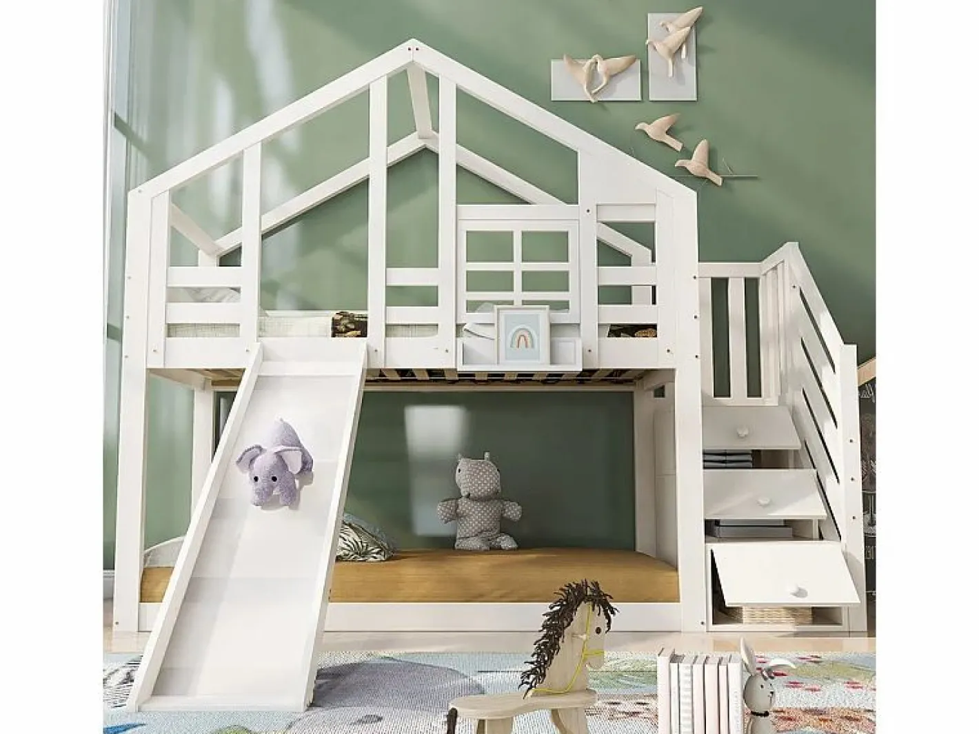 Litera para niños - con escalera de almacenamiento y tobogán - cama de cabina 2 x 90 x 200 cm - Pin + MDF -^DripeX