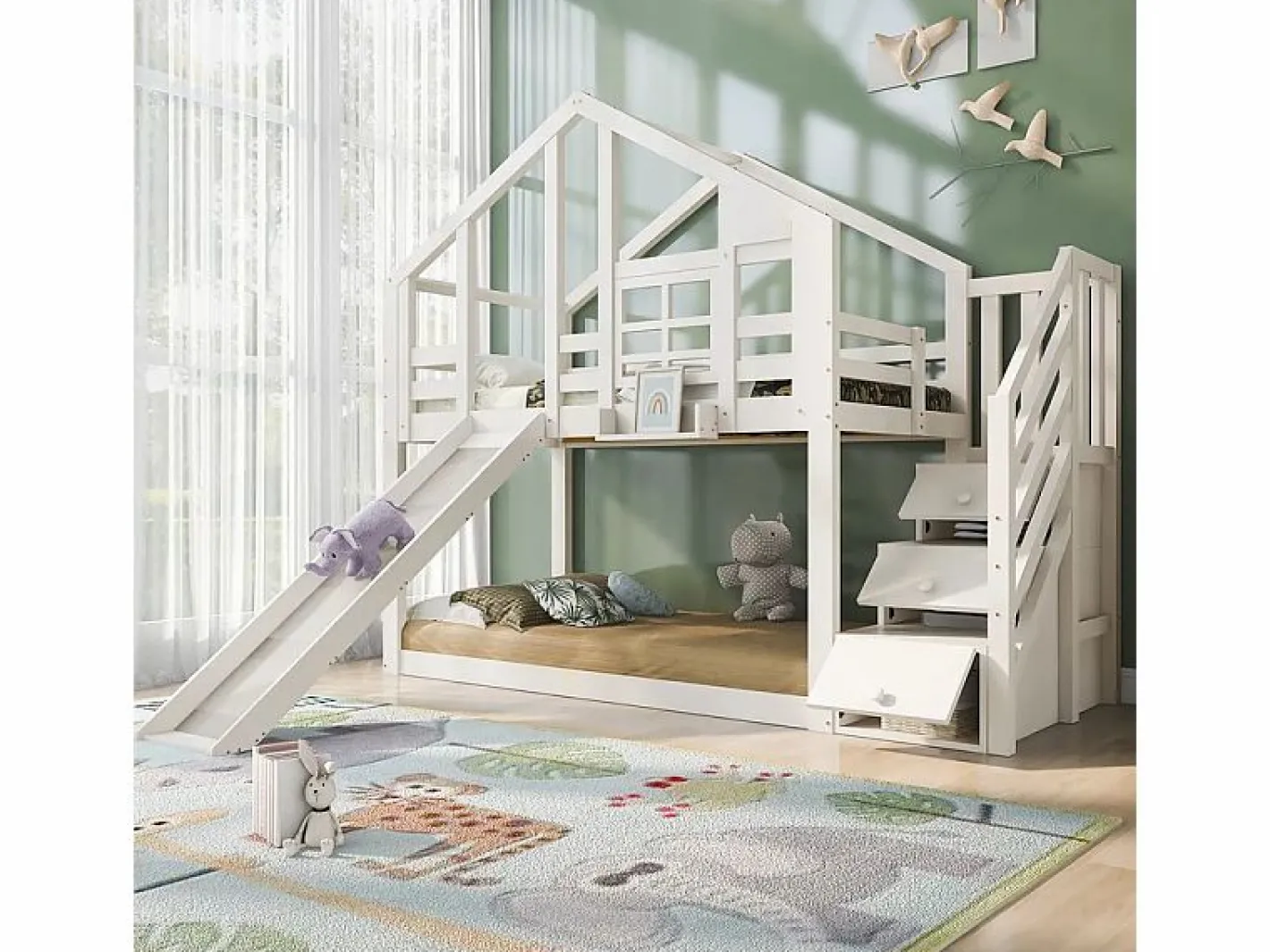Litera para niños - con escalera de almacenamiento y tobogán - cama de cabina 2 x 90 x 200 cm - Pin + MDF -^DripeX