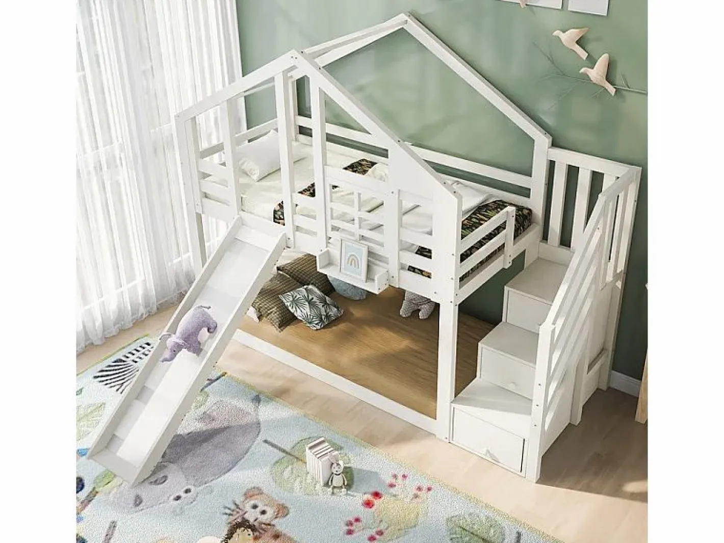 Litera para niños - con escalera de almacenamiento y tobogán - cama de cabina 2 x 90 x 200 cm - Pin + MDF -^DripeX