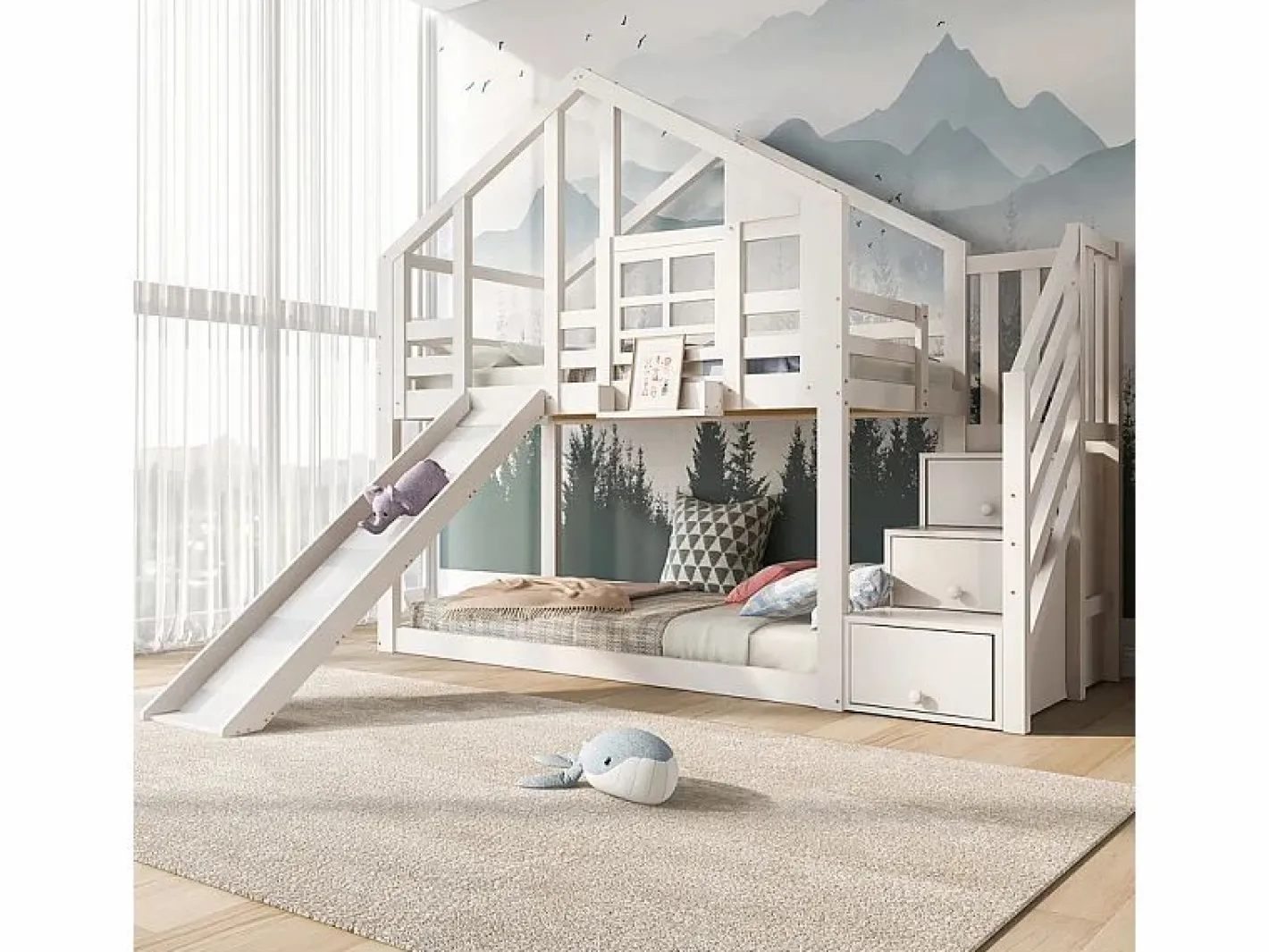 Litera para niños - con escalera de almacenamiento y tobogán - cama de cabina 2 x 90 x 200 cm - Pin + MDF -^DripeX