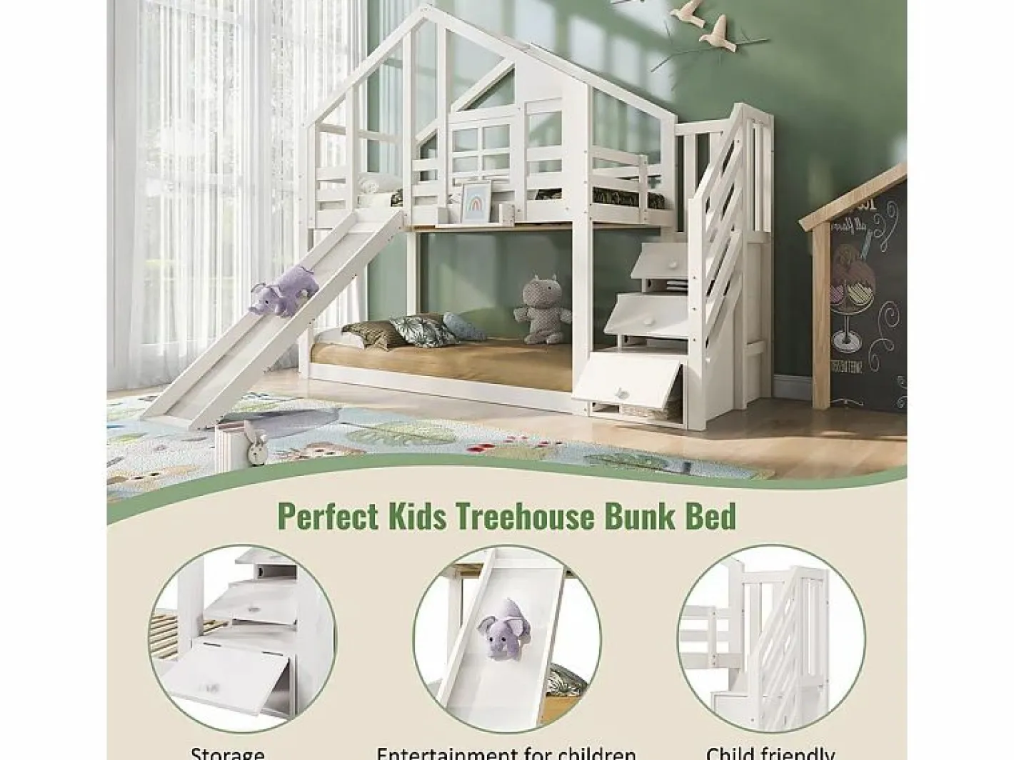 Litera para niños - con escalera de almacenamiento y tobogán - cama de cabina 2 x 90 x 200 cm - Pin + MDF -^DripeX