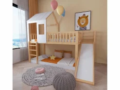 Merax Cama Litera|Litera para niños 90 x 200 cm con tobogán + somier, colores: natural y blanco