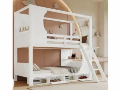 KOMHTOM Cama Litera|Litera para niños 90 x 200 cm, con barreras de seguridad, mesa, zapatero, escalera inclinada,