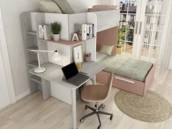 Vente-unique Litera rinconera 2 x 90 x 190 cm con escritorio gris blanco y rosa + colchón - SAMUEL Gris claro / Rosa palo Online