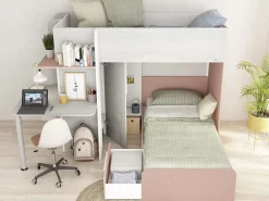 Vente-unique Litera rinconera 2 x 90 x 190 cm con escritorio gris blanco y rosa + colchón - SAMUEL Gris claro / Rosa palo Online