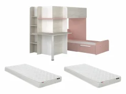 Vente-unique Litera rinconera 2 x 90 x 190 cm con escritorio gris blanco y rosa + colchón - SAMUEL Gris claro / Rosa palo Online