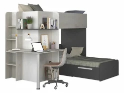 Vente-unique Cama Litera|Litera rinconera 2 x 90 x 190 cm con escritorio gris blanco y negro + colchón - SAMUEL