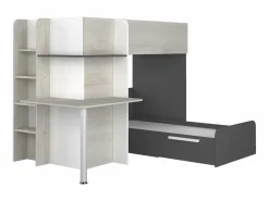 Vente-unique Cama Litera|Litera rinconera 2 x 90 x 190 cm con escritorio gris blanco y negro + colchón - SAMUEL