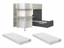 Vente-unique Cama Litera|Litera rinconera 2 x 90 x 190 cm con escritorio gris blanco y negro + colchón - SAMUEL