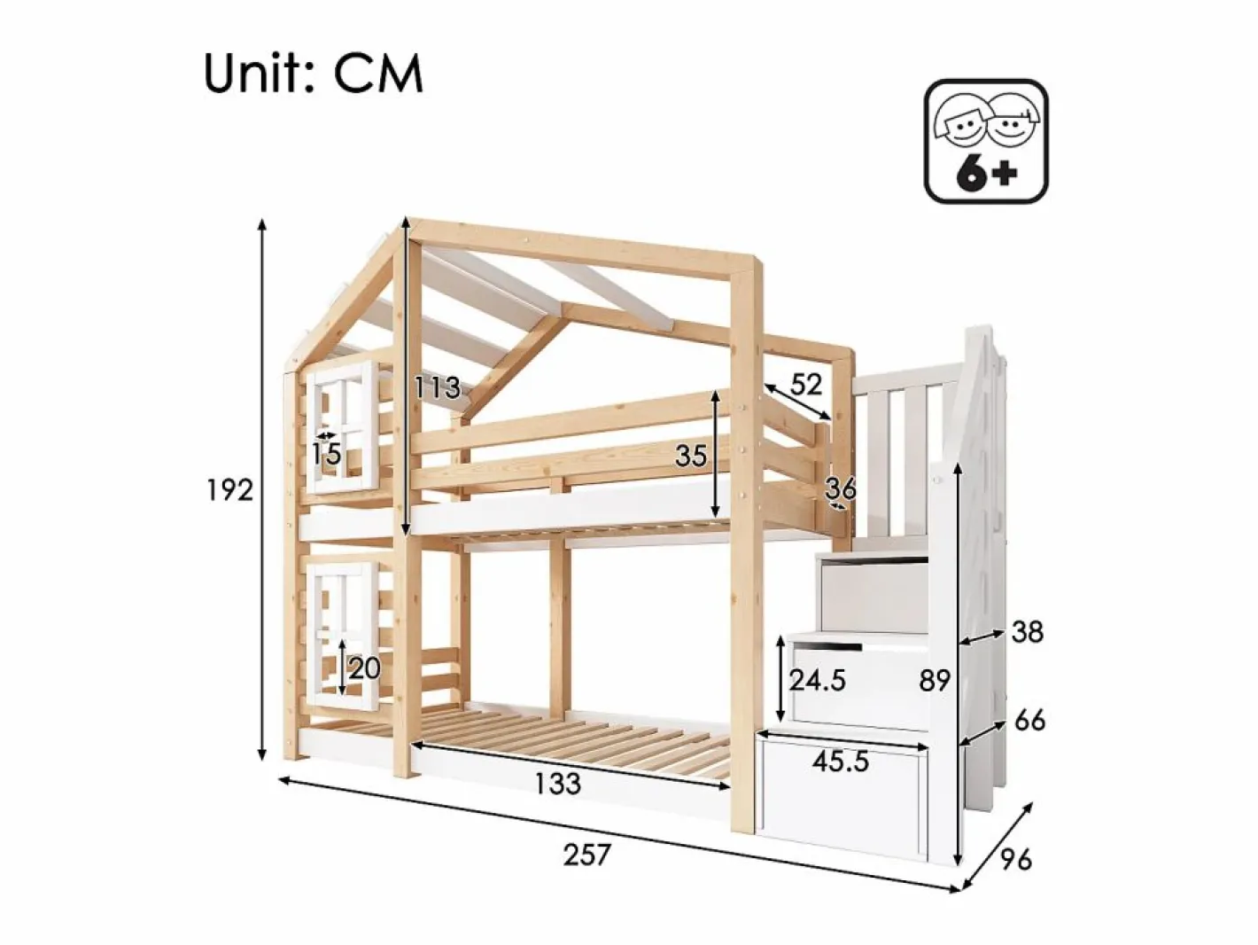 Litera tipo cabina de pino macizo con barreras anticaída y escalera de almacenamiento - 90x200 cm - natural y blanco^ModernLuxe Sale