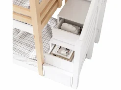 Litera tipo cabina de pino macizo con barreras anticaída y escalera de almacenamiento - 90x200 cm - natural y blanco^ModernLuxe Sale