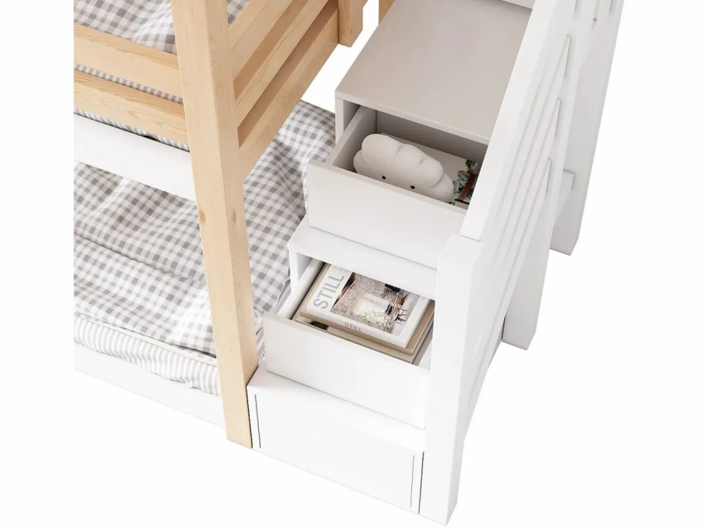 Litera tipo cabina de pino macizo con barreras anticaída y escalera de almacenamiento - 90x200 cm - natural y blanco^ModernLuxe Sale